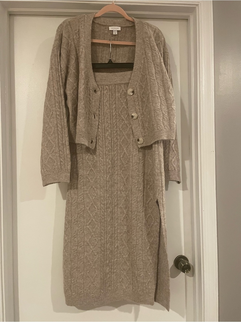 Two-Piece Topshop Cable Knit Sweater and Skirt Set in Oatmeal/Taupe - M